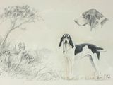 drawing of a dog and a cat in a field with a tree