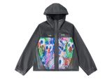 a picture of a black jacket with a colorful print on the front