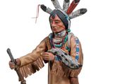 figurine of a native american man holding a rifle and wearing a feathered headdress