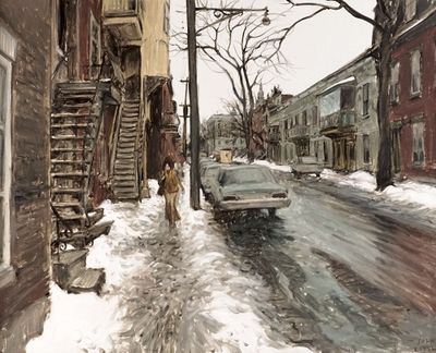 un tableau représentant un homme marchant dans la rue sous la neige