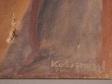 an old painting of a woman with a hat on a table