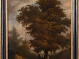 a painting of a tree in a field with a sky in the background