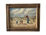 tableau représentant des personnes sur la plage avec des parasols, dans un cadre doré