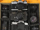 plusieurs appareils photo dans une boîte, posés sur une table