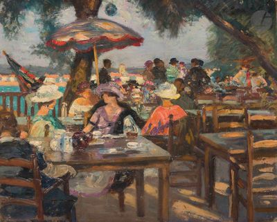 une peinture représentant un groupe de personnes assises à une table