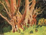 an image of a painting of a group of trees in a field