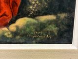 a painting of a woman in a red dress holding a bird