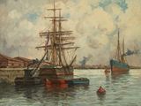 une peinture représentant un bateau dans l'eau avec d'autres bateaux dans l'eau