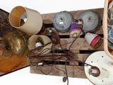a wooden crate with a bunch of items on top of it