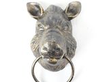 a close up of a metal animal head with a ring in it ' s mouth
