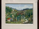 peinture représentant un paysage avec une maison au loin et des arbres au premier plan
