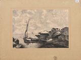 drawing of a boat on the water near rocks and a body of water