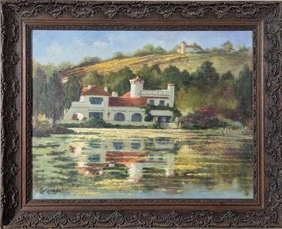 une peinture à l'huile représentant une maison située sur une colline surplombant un plan d'eau