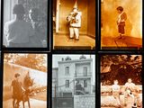 several old black and white photos of a man and a woman in front of a house