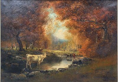 tableau représentant des vaches près d'un ruisseau dans une zone boisée