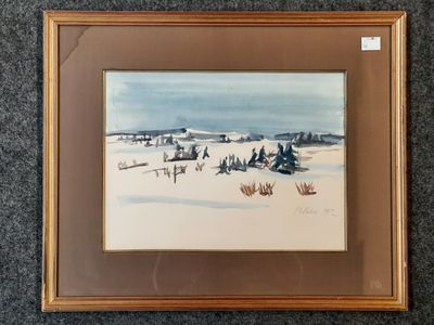 une peinture d'un paysage enneigé avec des arbres au premier plan