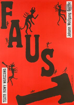 a red poster with black and white images of people and a hammer