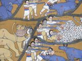 a picture of a painting of a man being attacked by a bull