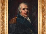 une peinture à l'huile représentant un homme en uniforme militaire, dans un cadre doré