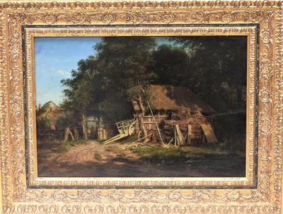 une peinture à l'huile représentant une scène de vie à la campagne, avec une maison au toit de chaume en arrière-plan