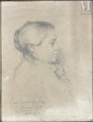 un vieux dessin représentant une femme de profil, la tête tournée sur le côté