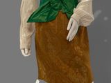 a white mannequin wearing a brown and green dress with a green belt