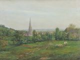 painting of a view of a village with a church in the distance