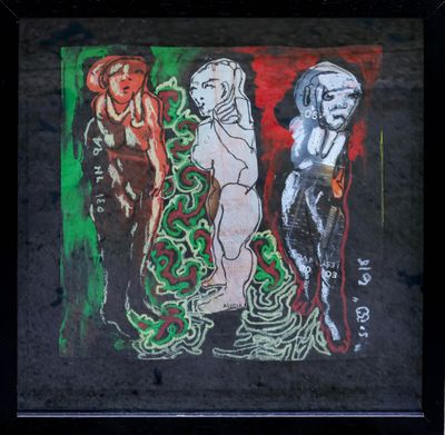 a painting on the wall of a building that has a picture of a woman and two men