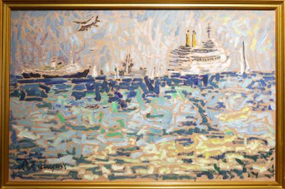 une peinture représentant un bateau sur l'eau, avec un oiseau qui vole au-dessus