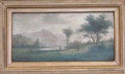 une peinture à l'huile représentant deux personnes dans un champ au bord d'une rivière