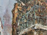 an oil painting of a street scene with a person walking down the street