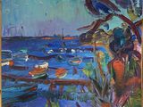 une peinture représentant une peinture de bateaux sur l'eau