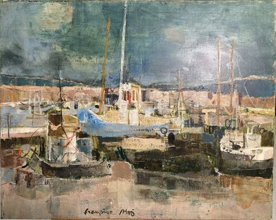 a painting of boats docked in a harbor on a cloudy day
