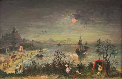 tableau représentant un tableau où l'on voit des personnes sur une plage, avec un bateau en arrière-plan