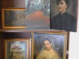 two paintings on a shelf with a picture of a man and a woman