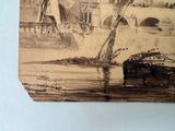 a picture of a drawing of a man on a boat in the water