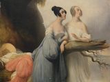 tableau représentant deux femmes assises sur un tronc d'arbre au bord de l'eau