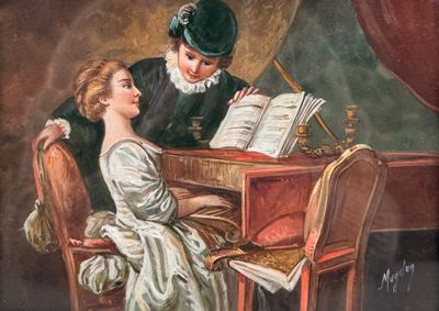 Ecole du XXème siècle, MAGDEN ? La leçon de piano, gouache e…