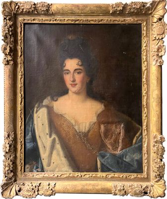 un vieux tableau représentant une femme avec un chien sur les genoux