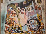 un tableau représentant une femme à moto dans une pièce
