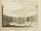 un vieux dessin représentant une cour avec une fontaine au milieu