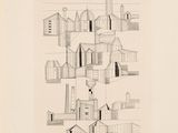 drawing of a drawing of a building with a clock on the top of it