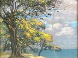 une peinture à l'huile représentant une scène de plage avec des arbres et l'océan