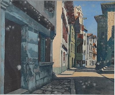 a painting of a street with buildings on both sides of it