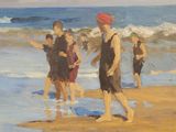 a painting of a group of people walking on the beach