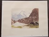 framed watercolor painting of a mountain scene with a river