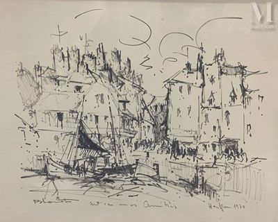 drawing of a boat in a harbor with buildings in the background