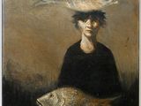 painting of a woman with a fish on her head in front of a painting of a fish