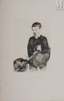 dessin représentant un garçon avec un chien et un chat sur ses genoux