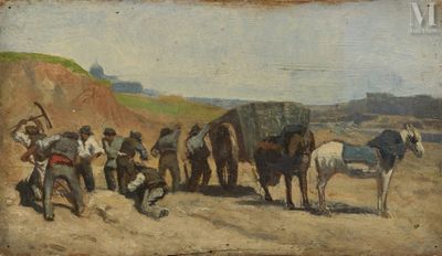 an image of a painting of a group of men with horses